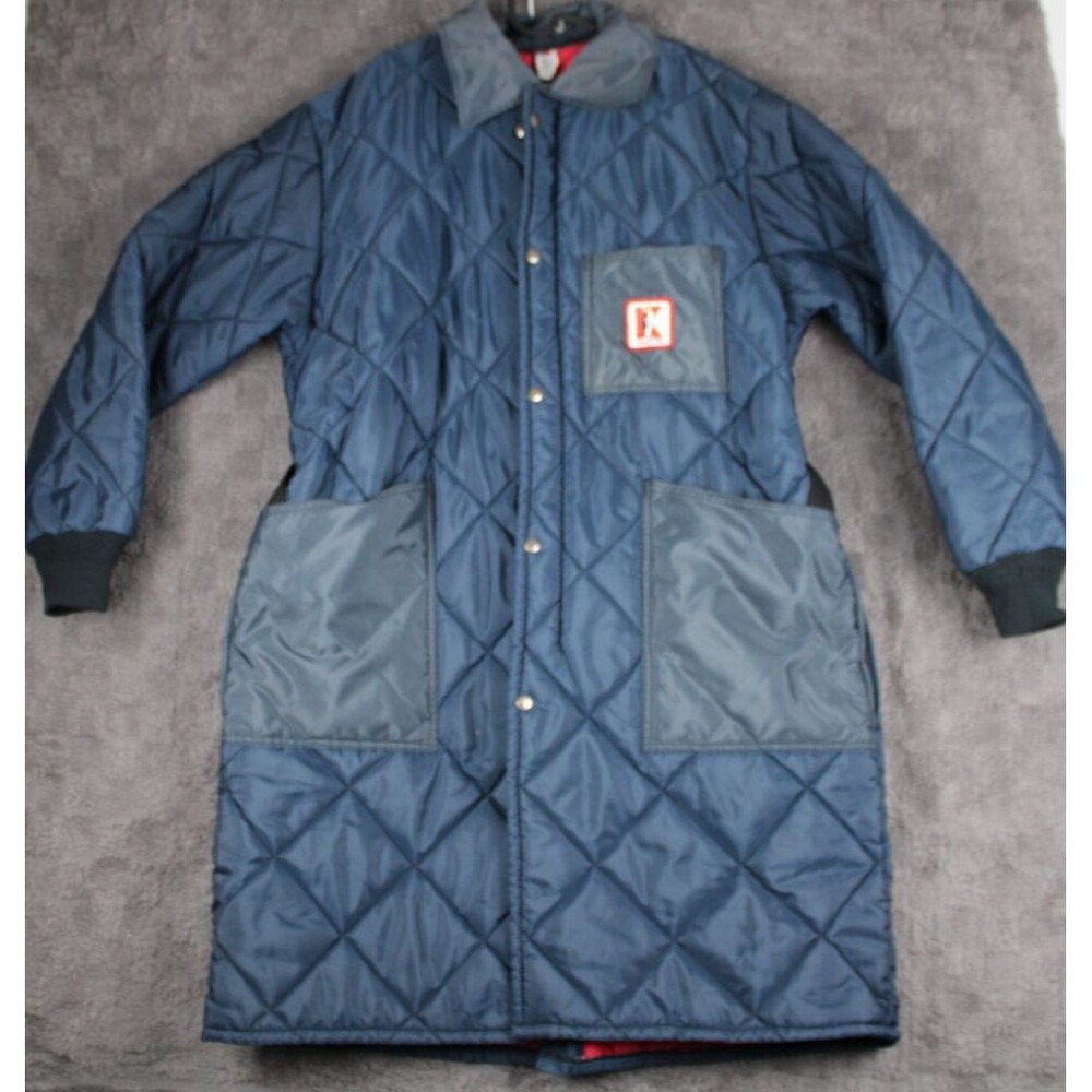 Vintage K Brand Penguin Blue Quilted Coat Made in USA Mens XLarge Knee Length XL